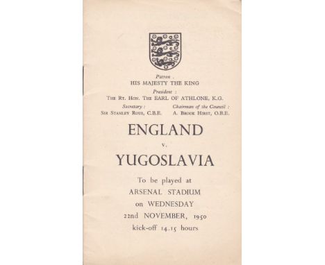 ENGLAND ITINERARY 1950   Official England Itinerary issued to the players, England v Yugoslavia, 22/11/50 at Highbury, Arsena