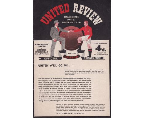 MAN UTD - SHEF WED 58   Home programme v Sheffield Wednesday, 19/2/58, FA Cup, first United game after Munich, complete with 