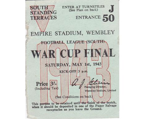 WAR CUP FINAL SOUTH TICKET 1943   Ticket for 1943 War Cup Final South at Wembley, Arsenal defeated Charlton 7-1. Creased in o