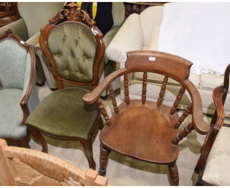 An elm captain's chair; tog. with a tapestry dining chair with carved crest rail