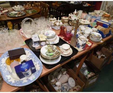 Four trays inc. Coalport collector plate, Royal Albert tea wares, Poole jug, cranberry glass etc