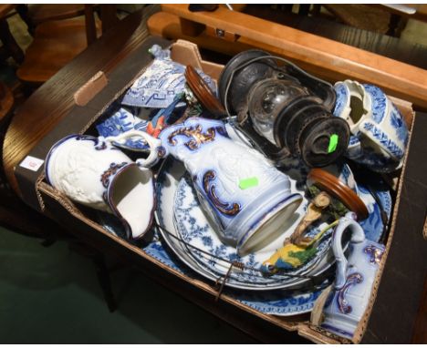 A box containing a quantity of 19th century and later blue and white and Flo Bleu wares, vintage miner's lamp etc