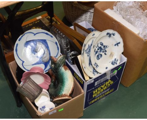 A glug jug of Dartmouth style, a quantity of framed botanical prints, a pair of Meissen blue and white plates (a/f), (provena