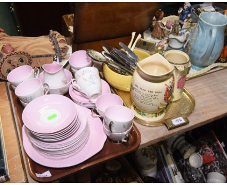 Two trays inc. a Queen Anne Glade pattern tea service, a Crown Devon Fieldings musical royal commemorative jug, Crown Ducal b