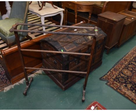 A vintage iron bound wooden dome topped travelling trunk; tog. with a 19th century pine towel rail