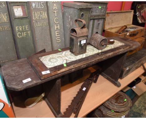 A large pottery covered jar; tog. with a pine bench, a tiled splashback, vintage miners lamp and a vintage embosser