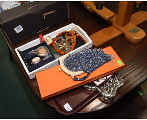 A group inc. a gents Hermes silk tie (boxed), a lady's beadwork evening bag, cameo brooch, small silver photograph frame, amb