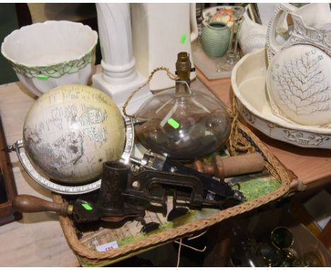 A tray inc. a vintage mincer, a glass table lamp and a table globe