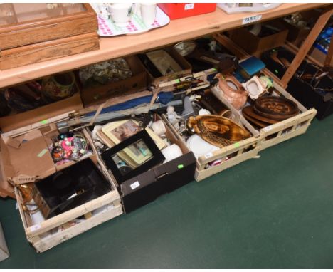 Four boxes inc. costume jewellery, painted iron pricket sticks, a Royal Winton 50th anniversary gilt highlighted tea service,