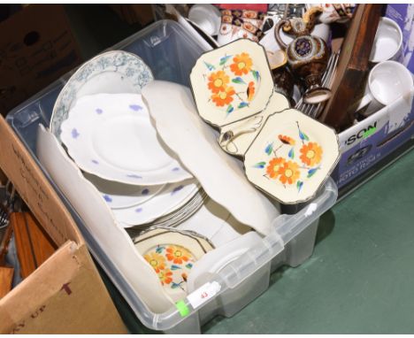 A box of ceramics inc 19th century meatplate, John Beswick Wild Rose Art Deco style partial tea service