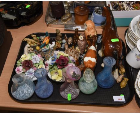 A group of Caithness glass vases, Royal Doulton floral encrusted wares, Beswick pottery animals, Wade whimseys etc.