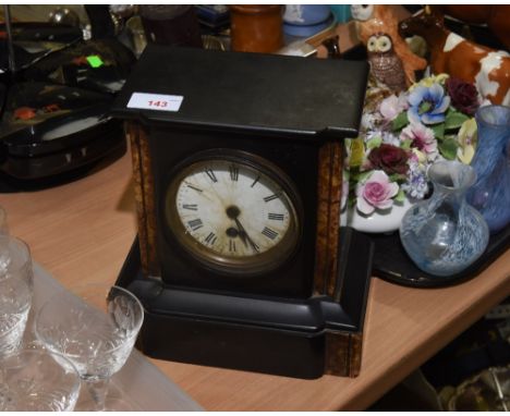 A late Victorian slate and marble mantel clock with white enamel dial with Roman numerals, 