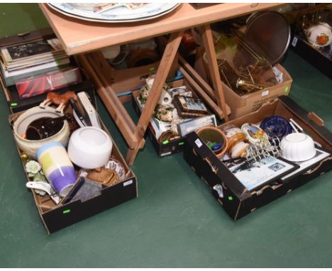 Four boxes inc. etched glass light shades, novelty ash trays, Sylvac Faun ware, 19th century tea pot etc