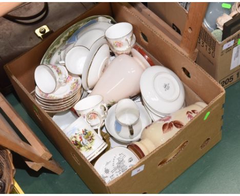 A box containing two Victorian painted glass vases, Coalport tea service, Royal Windsor mug decorated with hunting scenes etc