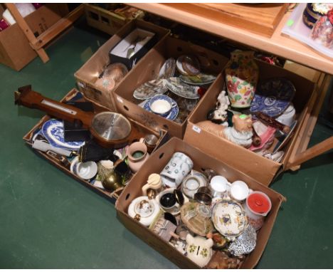 Five boxes inc. a wheel barometer, a Kingsley pottery jug, silver plate flatware, Royal Doulton collector plates, pottery dog