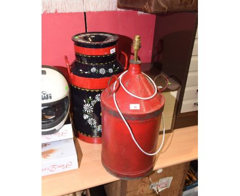 A painted aluminium milk churn in the barge ware style; tog. with a vintage painted post office fire extinguisher converted t