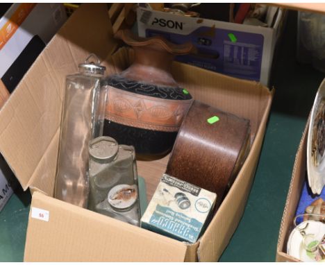 A box containing a 1930 oak cased mantel clock, pottery vase, retro triangular form glass kitchen storage jars etc