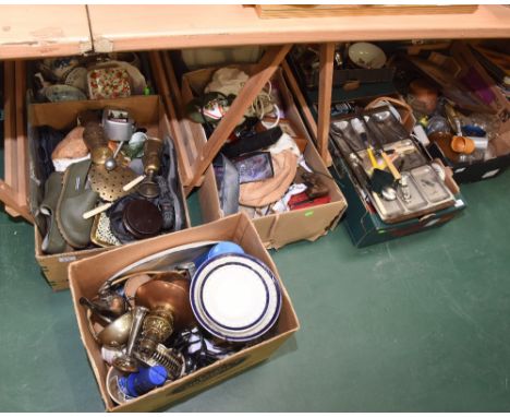 Four boxes inc. a quantity of pressed glass, framed prints, 19th century copper oil lamp etc