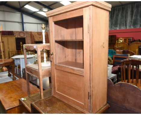 A 19th century glazed pine cabinet; tog. with a painted wooden table lamp and a Georgian stripped washstand