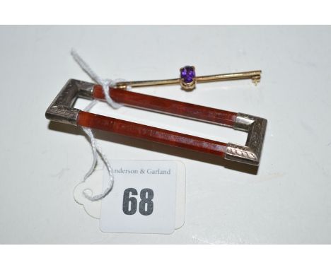 An amethyst set bar brooch, 9ct. yellow gold; together with a Scottish hardstone and white metal mounted openwork brooch.  (2