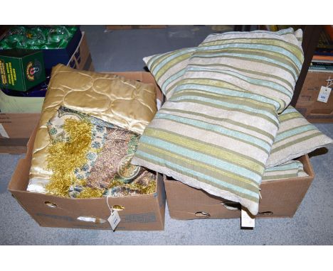Soft goods, to include: cushions; net curtains; and bed linen, in two boxes.