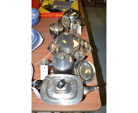 Two plated teapots; a tea caddy; and various plated metalware.