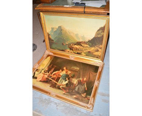 A large colour print - Continental mountain scene, after Duntre? 1882; together with another print - Family interior scene, a