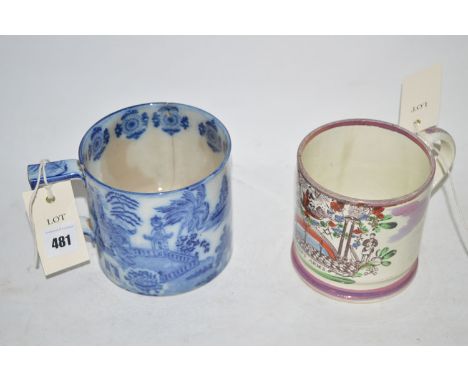 A 19th Century Sunderland lustre tankard with print 'Masons Arms'; and a blue and white transfer tankard. (damages).