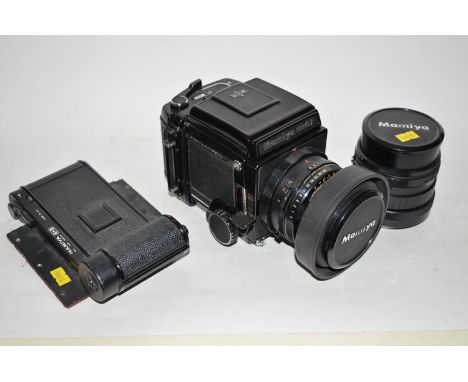 A Mamiya RB67, medium-format SLR camera, fitted a Sekor 90mm f3.8 lens; together with a Sekor 150mm f4 lens; and a 6 x 9 film