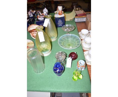 A pair of Vaseline glass lamp shades with wavy rims; and opaque glass lamp shade; together with a lustre glass compote; a Vas