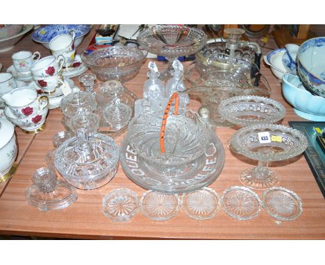 A quantity of pressed and other glassware, including: a Queen Victoria Jubilee plate; a salad bowl and servers; a trinket set