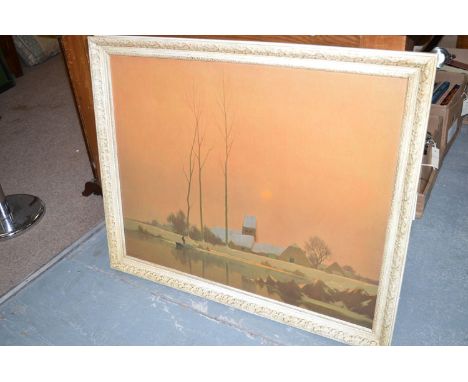A colour print on canvas - A Danish winter landscape at dusk, after A Gacab.