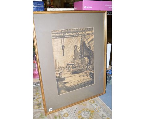A lithograph - Men at work in a shipping yard, in the manner of George Clausen.
