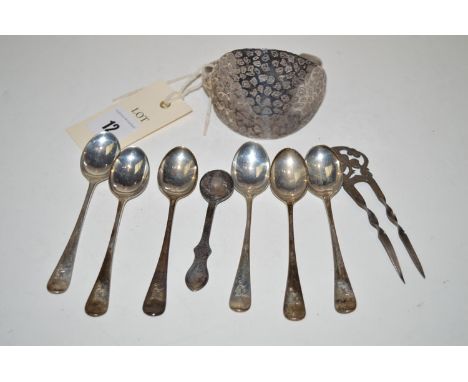 A Georgian silver tablespoon, later decorated and shaped to form a bangle; a set of six silver coffee spoons, by William Hutt