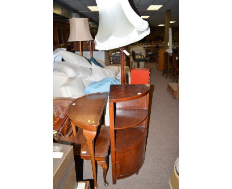 A standard lamp and shade; a corner shelf unit; a semi circular hall table; and a small rectangular coffee table.  (4)