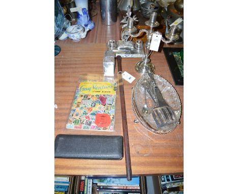 A leather swagger stick; a Victorian two bottle silver plated ink stand with bird decoration; a silver plated chrisotel two-b