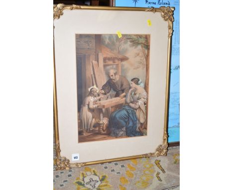 A 19th Century lithograph with hand colouring - Joseph teaching Jesus carpentry with Mary looking on.