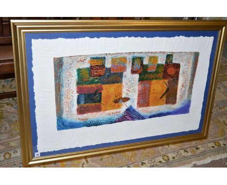An embossed mixed method print with hand-colouring - "Sienna I", limited edition signed artists proof, initialed M.T.V. editi