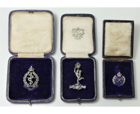 A Royal Signal Corps, silver, enamel and paste sweetheart badge, together with a Royal Army Medical Corps and Royal Engineers