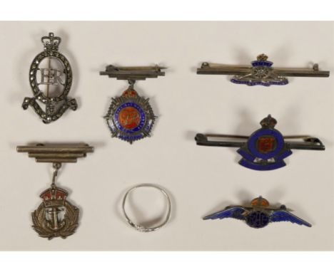 A silver and marcasite ERII brooch, five silver and enamel sweetheart brooches and an RAF ring 