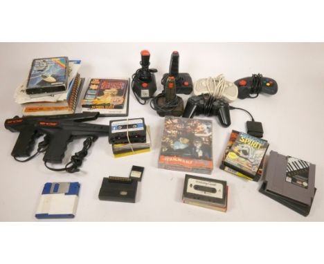 A collection of Commodore, Spectrum, Nintendo games, controllers and guides, including a pair of Magnum Light Phasers, Star W