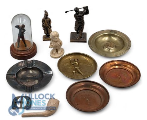 Golf Collectibles: a good selection to incl brass figure Robert Jones Jnr 12cm tall, a lead model of a golfer fine art miniat