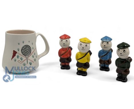 Carlton Ware Golf Figures: 4 assorted ceramic figures 9cm tall, plus a Poole Pottery Broadstone golf club medal mug, all in g