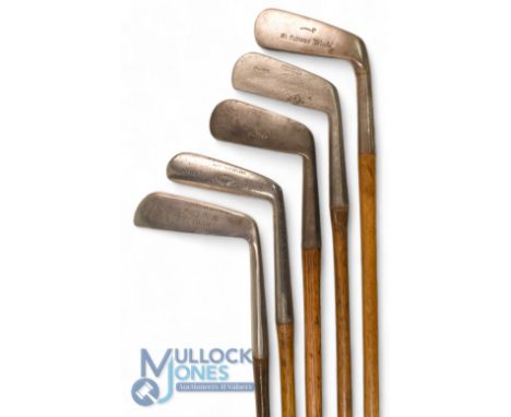 5x Metal blade putters incl Ernst Bradbeer Mitre brand wry neck, W Warden, Carnoustie shallow long round backed straight blad
