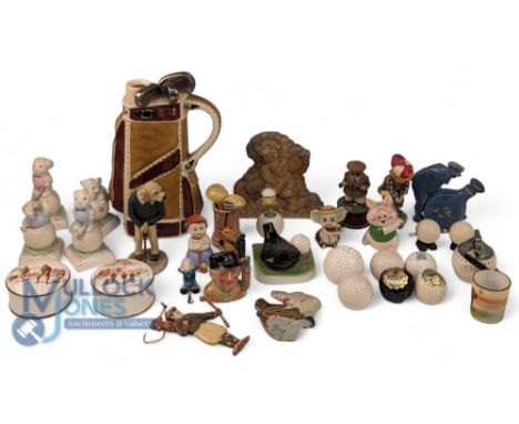 Golf Themed Collector items: a box with noted items to incl a musical ceramic golf caddy, Country Companion golden retriever,