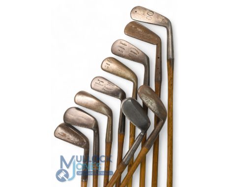 10x Assorted irons incl Maxwell mid iron and mashie niblick by W Watt, J H Taylor autograph reg Num niblick, David Anderson d