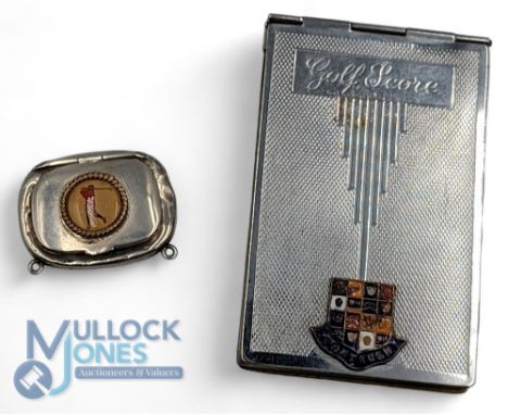 1913 Birmingham Silver Hallmarked Golf Snuff Box: with a silverplated golf scorecard holder, having Portrush enamel to front 