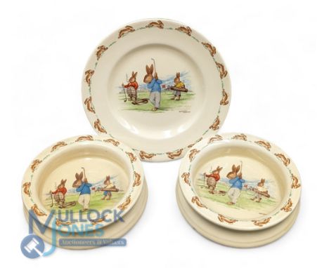 3x Royal Doulton china: 2 Bunnykins nursery bowls and a plate - all decorated with Three Rabbits Playing Golf by Barbara Vern