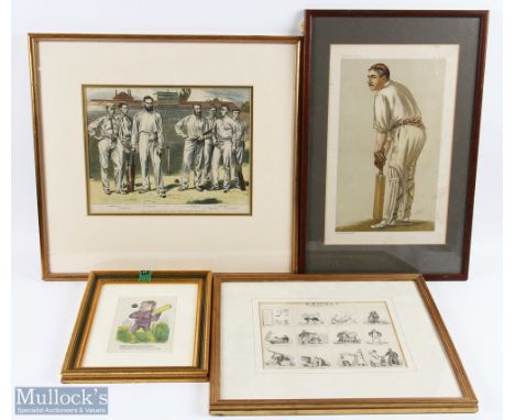 Period Cricket Prints and Engravings, to include: 1888 Vanity Fair print of W W, a hand-coloured engraving/print with noted p