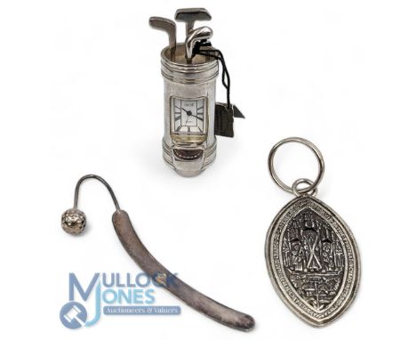 Golf Collectables: a silver 925 bookmark St Andrews key fob, a quartz small golf caddy, brass with chrome finish